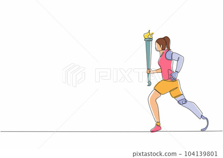 Single one line drawing young athlete with prosthetic leg holding torch. Disability sportswoman participating in opening ceremony of sport tournament. Continuous line design graphic vector Single one line drawing young athlete with prosthetic leg holding torch. Disability sportswoman participating in opening ceremony of sport tournament. Continuous line design graphic vector 104139801