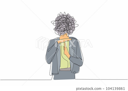 Single continuous line drawing businesswoman with round scribbles instead of head. Stop working, time break gesture, timeout signal. Pause. Nonverbal communication. One line draw graphic design vector Single continuous line drawing businesswoman with round scribbles instead of head. Stop working, time break gesture, timeout signal. Pause. Nonverbal communication. One line draw graphic design vector 104139861