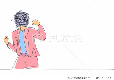 Continuous one line drawing businesswoman with round scribbles instead of head. Angry female in blazer standing showing threatening gesture with clenched fist. Single line draw design vector graphic Continuous one line drawing businesswoman with round scribbles instead of head. Angry female in blazer standing showing threatening gesture with clenched fist. Single line draw design vector graphic 104139863