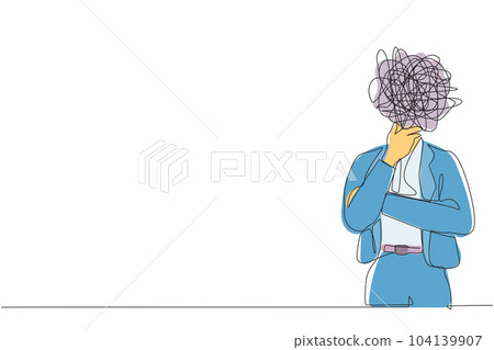 Single one line drawing businesswoman with round scribbles instead of head. Female manager in blazer standing in thoughtful pose holding her chin thinking. Continuous line draw graphic design vector Single one line drawing businesswoman with round scribbles instead of head. Female manager in blazer standing in thoughtful pose holding her chin thinking. Continuous line draw graphic design vector 104139907