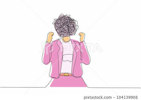 Continuous one line drawing businesswoman with round scribbles instead of head. Angry woman raised fist, shout or screaming expression. Woman expresses negative emotion. Single line draw design vector Continuous one line drawing businesswoman with round scribbles instead of head. Angry woman raised fist, shout or screaming expression. Woman expresses negative emotion. Single line draw design vector 104139908