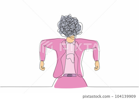 Single continuous line drawing businesswoman with round scribbles instead of a head. Angry female manager. Emotional executive in rage. Feeling anger. One line draw graphic design vector illustration Single continuous line drawing businesswoman with round scribbles instead of a head. Angry female manager. Emotional executive in rage. Feeling anger. One line draw graphic design vector illustration 104139909