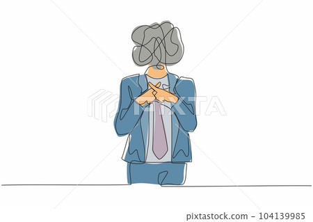 Single one line drawing businessman with round scribbles instead of a head. Man hand making sign crossing fingers forming an x. Cross, wrong or banned just say no. Continuous line draw design vector Single one line drawing businessman with round scribbles instead of a head. Man hand making sign crossing fingers forming an x. Cross, wrong or banned just say no. Continuous line draw design vector 104139985
