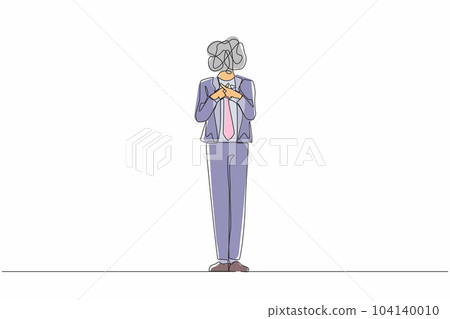 Single continuous line drawing businessman with round scribbles instead of head. Male manager hand making sign crossing fingers forming x. Cross, wrong, banned. Say no. one line draw design vector 104140010