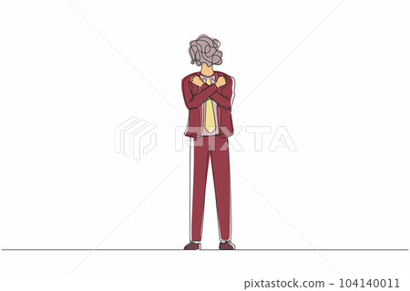 Continuous one line drawing businessman with round scribbles instead of head. Young manager man with fists clenched and arms crossed, feeling happy and positive. Single line draw design vector graphic 104140011
