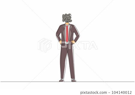 Single continuous line drawing businessman with round scribbles instead of head. Male manager standing and holding hand on hip. Office worker pose. One line draw graphic design vector illustration 104140012