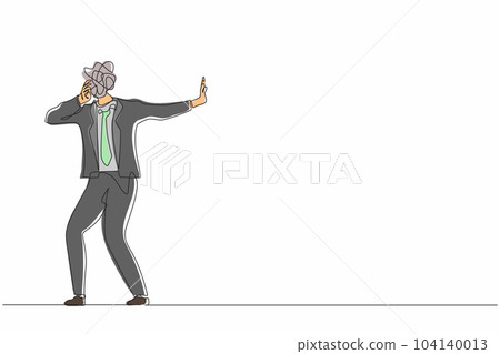 Single one line drawing businessman with round scribbles instead of head. Man stop gesture, male manager covering eyes with hand. Embarrassed, negative emotion pose. Continuous line draw design vector 104140013