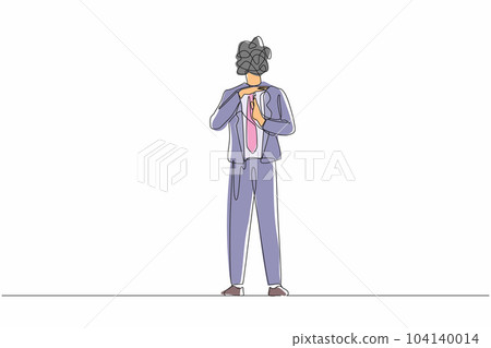 Continuous one line drawing businessman with round scribbles instead of head. Stop working, time break gesture, timeout signal. Body language sign with palms fingers. Single line draw design vector 104140014