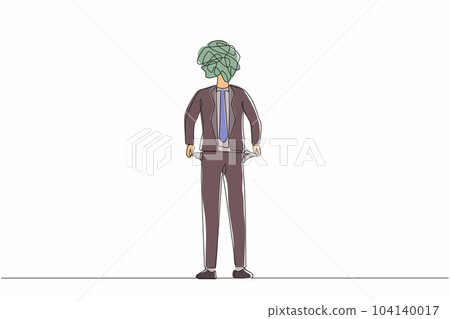 Single one line drawing businessman with round scribbles instead of head. Male manager with pockets turned outward, having no money. Bankrupt person. Continuous line draw design graphic vector Single one line drawing businessman with round scribbles instead of head. Male manager with pockets turned outward, having no money. Bankrupt person. Continuous line draw design graphic vector 104140017