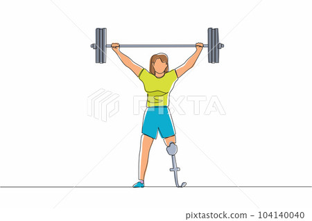 Continuous one line drawing strong disabled bodybuilder sportswoman lifting heavy weight barbell over her head. Weightlifting sport for disability. Single line draw design vector graphic illustration 104140040