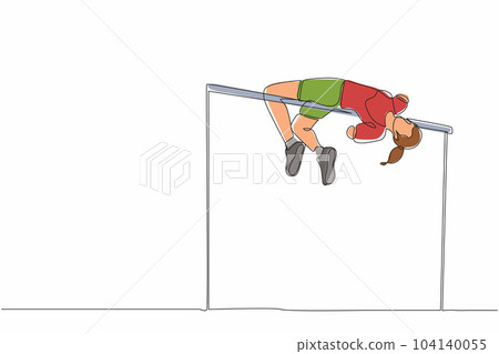 Single continuous line drawing disabled woman doing exercise and become champion high jumper with amputee arms. Disability sport, invalid person playing athletic game. One line graphic design vector Single continuous line drawing disabled woman doing exercise and become champion high jumper with amputee arms. Disability sport, invalid person playing athletic game. One line graphic design vector 104140055