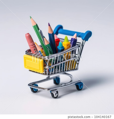 Close up of miniature shopping trolley with school materials and copy space on white background. 104140167