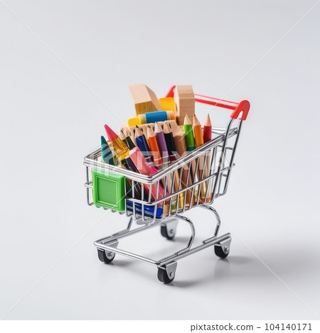 Close up of miniature shopping trolley with school materials and copy space on white background. 104140171