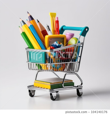 Miniature shopping trolley with school materials on white background. Miniature shopping trolley with school materials on white background. 104140176