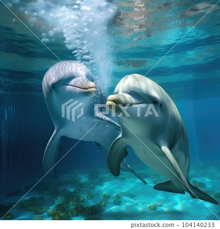 Graceful dolphins frolicking in underwater marine world. 104140233