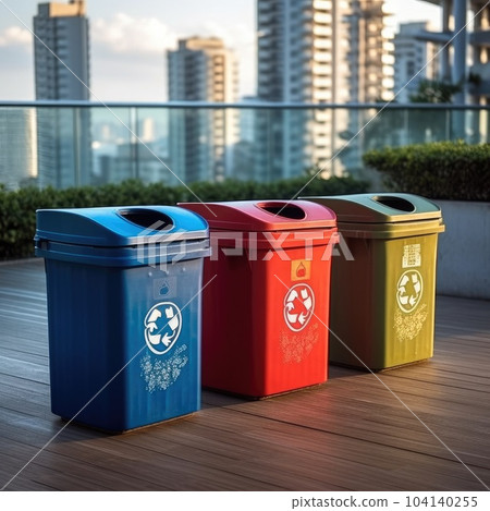 Modern trash bins for waste segregation, Management recycle garbage, Separate waste collection. 104140255