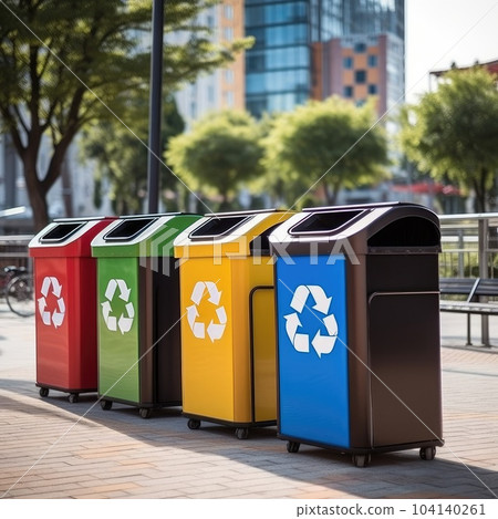 Garbage containers featuring a prominent recycling symbol. Garbage containers featuring a prominent recycling symbol. 104140261