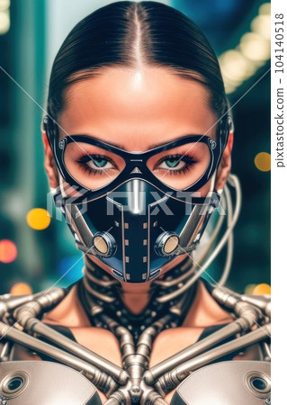 Beautiful cyborg or robot female face with bionic details. Generative AI Beautiful cyborg or robot female face with bionic details. Generative AI 104140518