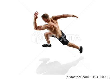 Shirtless sportsman. Top view image of man, professional runner, athlete in motion against white studio background with shadow on floor 104140955