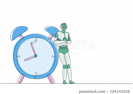 Single one line drawing robots lean on huge alarm clock. Modern robotics artificial intelligence technology. Electronic technology industry. Continuous line draw design graphic vector illustration Single one line drawing robots lean on huge alarm clock. Modern robotics artificial intelligence technology. Electronic technology industry. Continuous line draw design graphic vector illustration 104141056