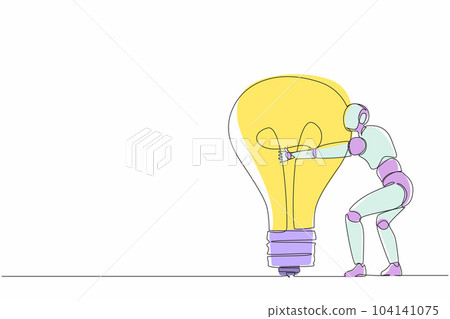 Single continuous line drawing robots hugging huge light bulb. Modern robotics artificial intelligence technology. Electronic technology industry. One line draw graphic design vector illustration 104141075