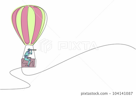 Single continuous line drawing robots with monocular, ride hot air balloon briefcase. Modern robotics artificial intelligence technology. Electronic technology industry. One line graphic design vector 104141087