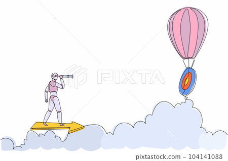 Continuous one line drawing robots ride arrow and looking with monocular air hot balloon target. Humanoid robot cybernetic organism. Future robotics development. Single line draw design vector graphic 104141088