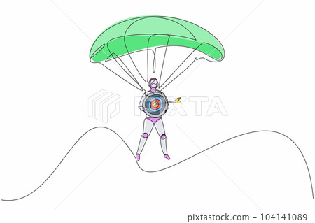 Continuous one line drawing robots jump with parachute and holding target. Humanoid robot cybernetic organism. Future robotics development concept. Single line draw design vector graphic illustration 104141089