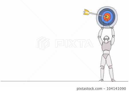 Single one line drawing robot lifting up big target with accurate arrow. Future technology development. Artificial intelligence and machine learning process. Continuous line draw design graphic vector 104141090