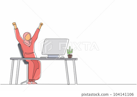 Single continuous line drawing happy Arab businesswoman sitting with raised hands on the her workplace. Office worker celebrates salary increase from company. One line draw design vector illustration Single continuous line drawing happy Arab businesswoman sitting with raised hands on the her workplace. Office worker celebrates salary increase from company. One line draw design vector illustration 104141106
