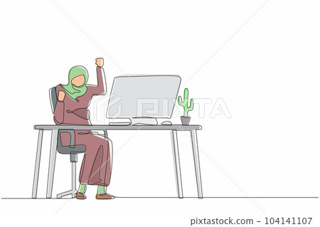 Continuous one line drawing happy Arab businesswoman sitting on workplace with raised one hand high and raised the other. Worker celebrates salary increase from company. Single line draw design vector Continuous one line drawing happy Arab businesswoman sitting on workplace with raised one hand high and raised the other. Worker celebrates salary increase from company. Single line draw design vector 104141107