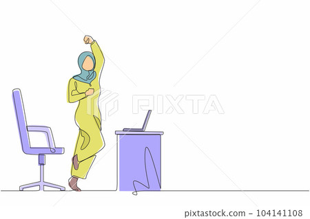 Single one line drawing happy Arabian businesswoman jumping and dancing on her workplace. Female manager celebrating success of increasing company product sales. Continuous line design graphic vector Single one line drawing happy Arabian businesswoman jumping and dancing on her workplace. Female manager celebrating success of increasing company product sales. Continuous line design graphic vector 104141108