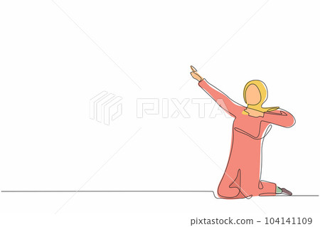 Single one line drawing happy Arab businesswoman kneeling with celebrating goal pose. Female manager celebrating success of increasing company product sales. Continuous line draw design graphic vector Single one line drawing happy Arab businesswoman kneeling with celebrating goal pose. Female manager celebrating success of increasing company product sales. Continuous line draw design graphic vector 104141109