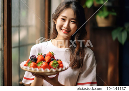 Female staff carrying fruit tarts 104141187