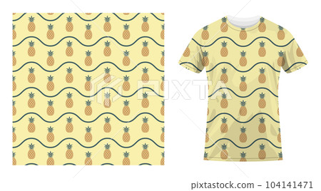 Short sleeved cotton sports t shirt decorated pattern with juicy pineapple and wave lines. Harvesting tropical fruits. Comfortable summer clothes. Vector ornament for design of textile and fabric 104141471