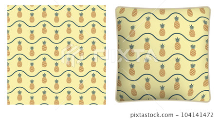 Square decorative pillow, bedroom accessory decorated seamless pattern with juicy pineapple and wave lines. Harvesting tropical fruits. Vector ornament for design of posters and printing on textile Square decorative pillow, bedroom accessory decorated seamless pattern with juicy pineapple and wave lines. Harvesting tropical fruits. Vector ornament for design of posters and printing on textile 104141472