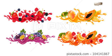 Whole and slice of berries and fruit in a jiuce.  Strawberries, raspberries, cherries, blueberries, passion fruit, banana, mango, papaya, kiwi in a wave of juice with splashes. Vector set. 104141867