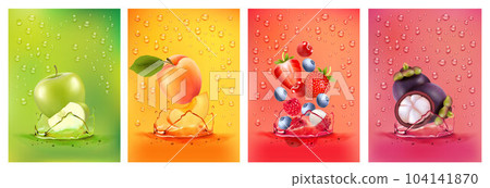 Fresh fruits juice splashing together- pear, apple, plum, apricot, strawberry, blackberry, raspberry juice drink splashing. 3d fresh fruits. Vector illustration Fresh fruits juice splashing together- pear, apple, plum, apricot, strawberry, blackberry, raspberry juice drink splashing. 3d fresh fruits. Vector illustration 104141870