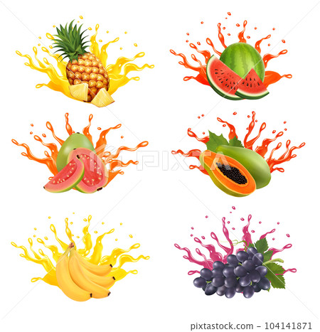 Set of fruits and vegetables in juice splashes. Watermelon, pineapple, grape. papaya, banana, guava, grape in water splash and drops. Vector illustration. Set of fruits and vegetables in juice splashes. Watermelon, pineapple, grape. papaya, banana, guava, grape in water splash and drops. Vector illustration. 104141871