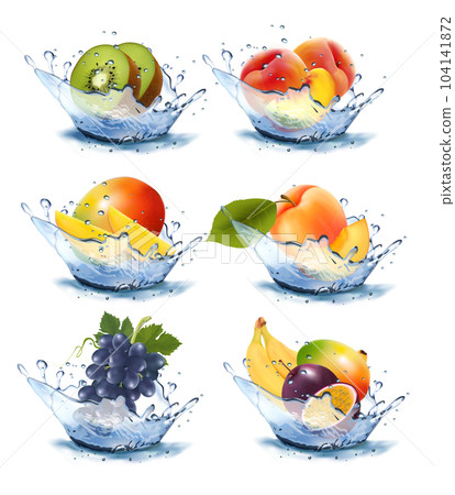 Set of different water splashes with fruit and berries. Peach, kiwi, apricot, passion fruit. mango, grape, banana. Vector Set of different water splashes with fruit and berries. Peach, kiwi, apricot, passion fruit. mango, grape, banana. Vector 104141872