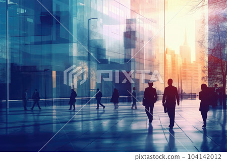 People silhouettes at city street with motion blur effect. Generative AI 104142012