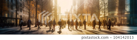 People silhouettes at city street with motion blur effect. Generative AI 104142013