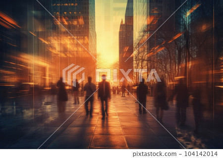 People silhouettes at city street with motion blur effect. Generative AI 104142014