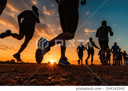 Runners silhouettes training at sunset. Sport activities outdoors. Generative AI 104142042