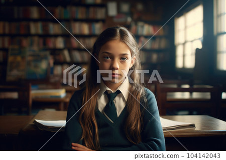 Girl at desk in classroom. Education in elementary school. Generative AI 104142043