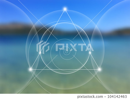 Interlocking circles, triangles and spirals hipster sacred geometry illustration with golden ratio, fibonacci spiral. Vector isolated on blue sea landscape background. Interlocking circles, triangles and spirals hipster sacred geometry illustration with golden ratio, fibonacci spiral. Vector isolated on blue sea landscape background. 104142463