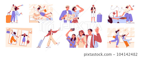 People with suitcases, travelers, preparing for the flight 104142482