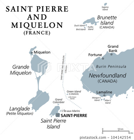 Saint Pierre and Miquelon, gray political map. Archipelago and self-governing territorial overseas collectivity of France in the North Atlantic, near Canadian province of Newfoundland and Labrador. 104142554