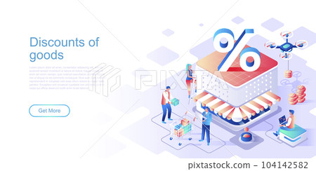 Discounts of goods isometric landing page vector template. Seasonal price reduction website header UI layout with illustration. Limited merchandise promo campaign web banner isometry concept 104142582