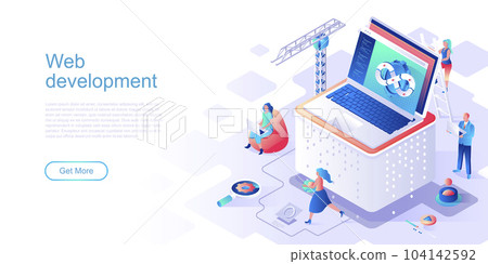 Web development isometric landing page vector template. Program usability and performance website header UI layout with illustration. Fullstack app engineering, devops web banner isometry concept Web development isometric landing page vector template. Program usability and performance website header UI layout with illustration. Fullstack app engineering, devops web banner isometry concept 104142592
